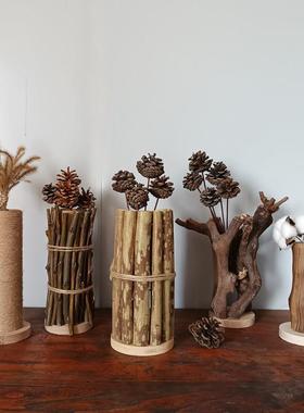 手工树枝花篮摆件 纯手工自然风花艺装饰 民宿饭店橱窗软装摆件