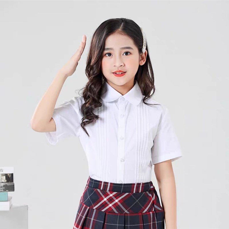 女童白衬衫短袖白色蕾丝白衬衣夏季洋气小学生中大童儿童演出校服