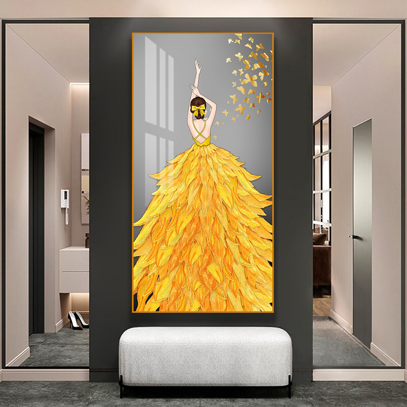 轻奢立体镶钻晶瓷玄关画单幅竖版装饰画美女挂画走廊过道尽头壁画图片
