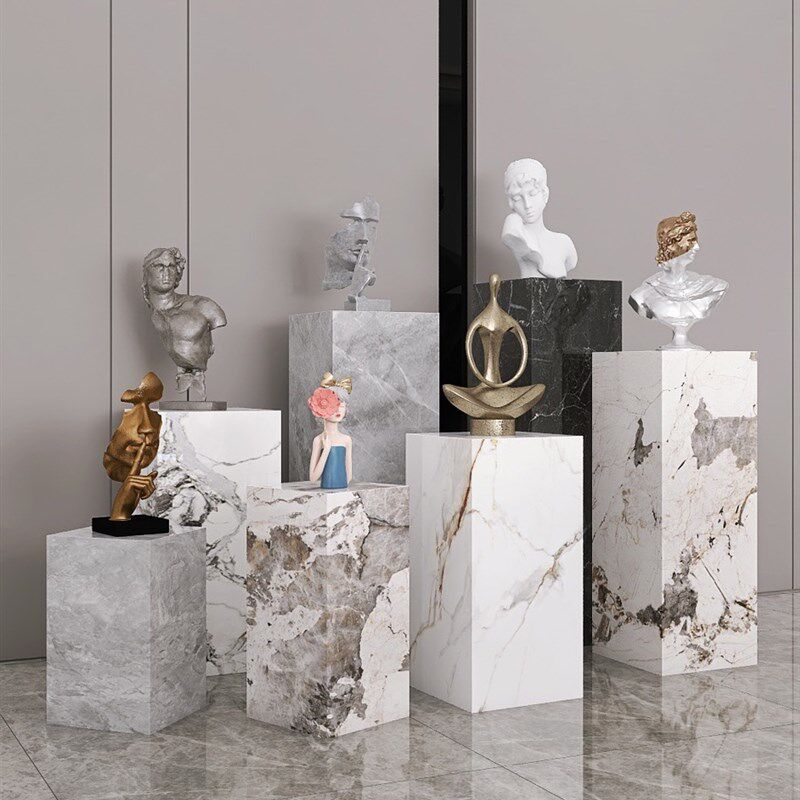 客厅落地大摆件岩板花架雕塑摆台高端软装饰立石柱大理石底座基座