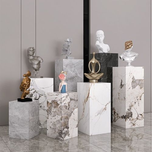 客厅落地大摆件岩板花架雕塑摆台高端软装饰立石柱大理石底座基座