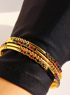 青岛出口不掉色高级彩色闪钻多层螺旋宽版手镯金球手链开口手镯