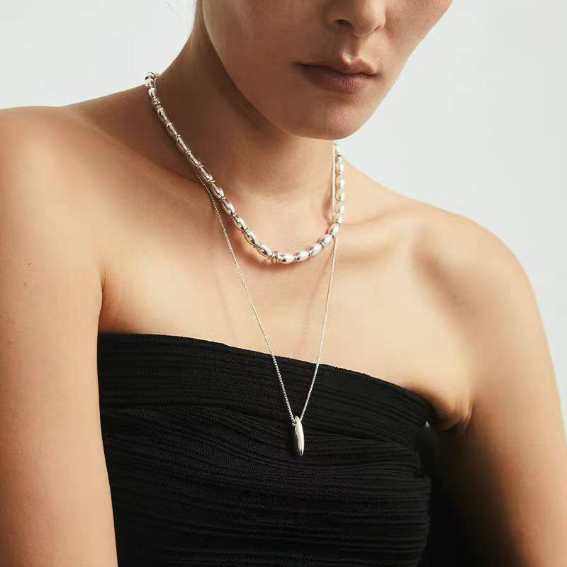 青岛出口经典素银色吊坠简约百搭款项链黄铜电镀银毛衣链耳环套装