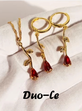 青岛出口法式红色珐琅滴釉玫瑰花吊坠项链复古气质花朵耳环套装