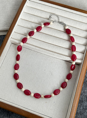 青岛出口日韩小众设计秋冬清新红色天然石串珠项链气质时尚项链