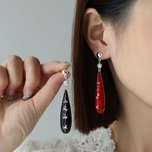 青岛出口百里香红黑珐琅吊坠项链耳环套装女小众高级感气质耳钉