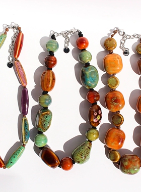 青岛原创小众设计复古油画晕染老陶瓷串珠2025新款秋冬大气风项链