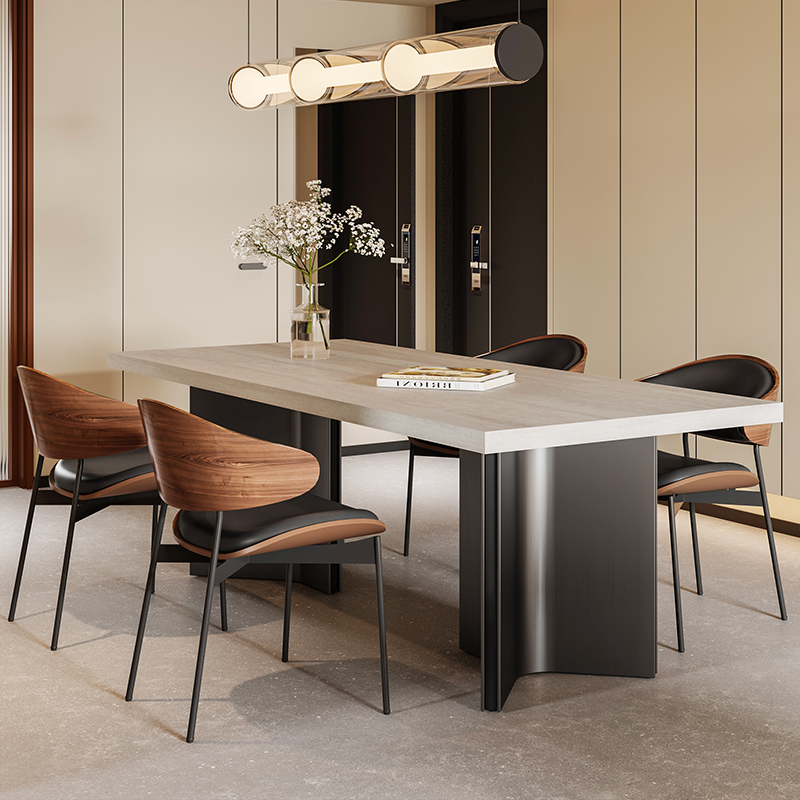 意式简约现代复古长方形下挂洞石岩板餐桌椅组合包豪斯风大户型