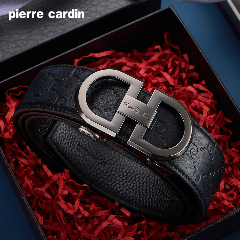 皮尔卡丹正品男士真皮自动扣腰带商务百搭头层牛皮压花皮带送男友