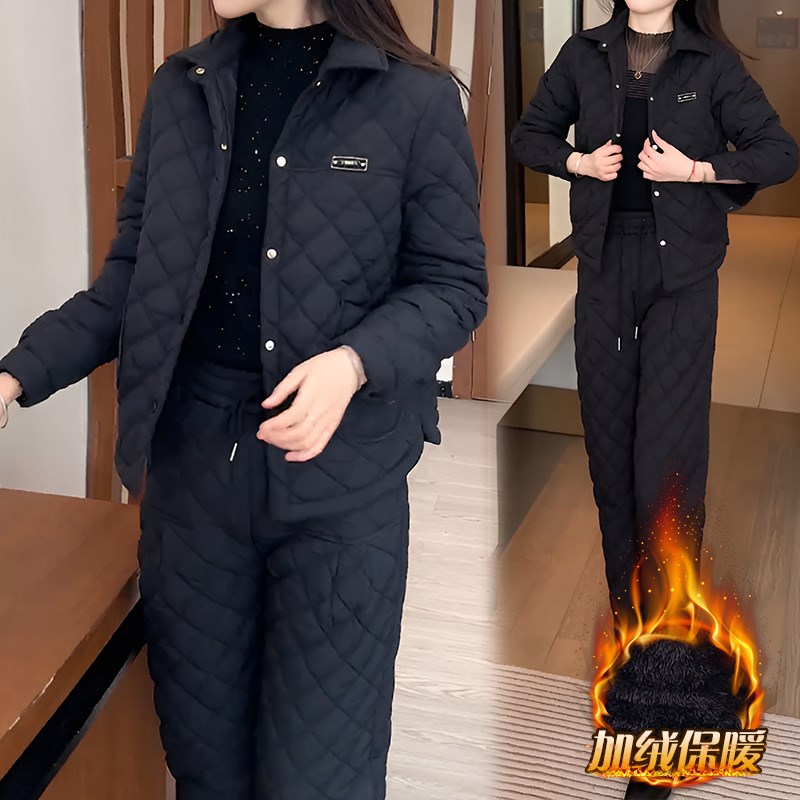 网红洋气时c尚套装女2024冬季新款加绒加厚保暖棉衣棉裤休闲两件