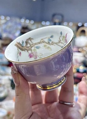 紫色带内绘桃花鱼压手杯陶瓷描金主人杯个人喝茶杯单杯茶碗盏杯