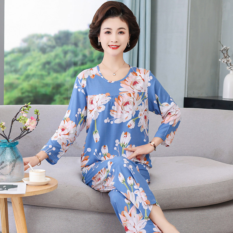 妈妈棉绸睡衣女夏季薄款中老年人女士夏装长袖人造棉套装家居服夏