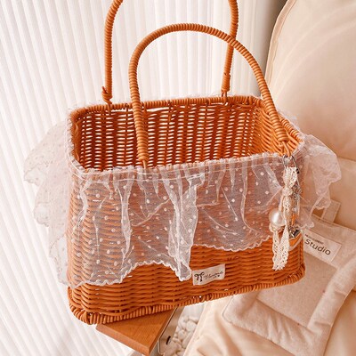 HD212A08蕾丝手提编织收纳筐手提篮野餐野营露营藤编收纳筐置物筐