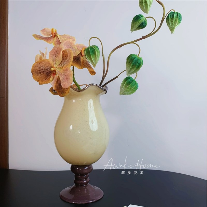 法式中古风奶黄紫底铃兰花朵风灯花瓶装饰高级感客厅斗柜玻璃花器