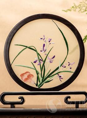 苏绣桌面屏风创意刺绣摆件中国风中式家居红木台屏手工双面绣摆台