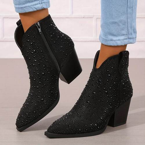 跨境Heel Ankle Boots with Encrusted Side Zipper Pointed