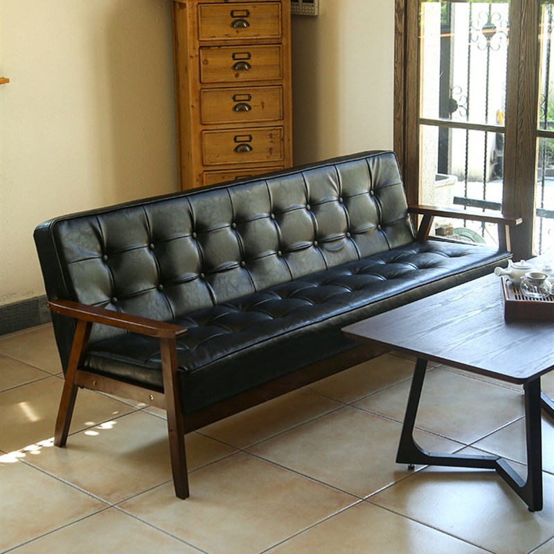 实木美式复古皮艺拉扣沙发小户型皮革客厅四人座皮质沙发简约现代