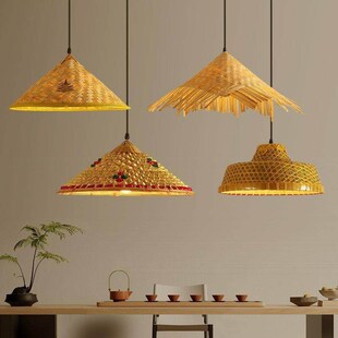 竹编斗笠草帽吊灯农家乐竹艺灯罩东南亚侘寂风民宿藤编覆古草编