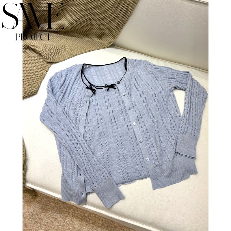 PJSM26FWAC早秋开衫套装[蝴蝶结背心针织湖蓝配色简约内搭淑女风]