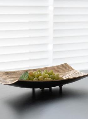 进口铝制新中式复古侘寂风长条托盘不规则碎边果盘碗形摆件装饰品
