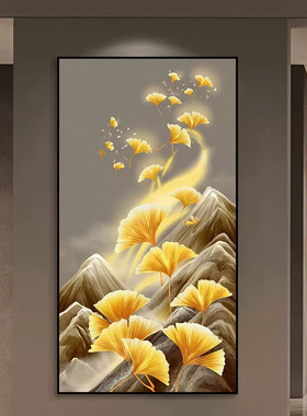 现代轻奢简约大气晶瓷挂画入户过道壁画走廊竖版金杏画玄关装饰画