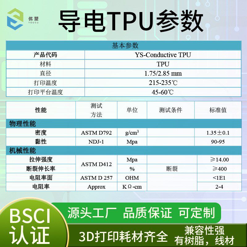 导电tpu 软性3d打印耗材 FDM线材丝材料 1.75mm 1kg/卷  95A TPU