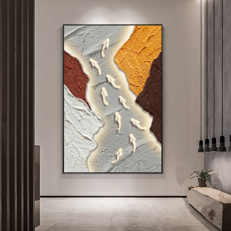 轻奢肌理客厅挂画抽象Tirart手绘油画《九鱼图》玄关背景墙装饰画图片