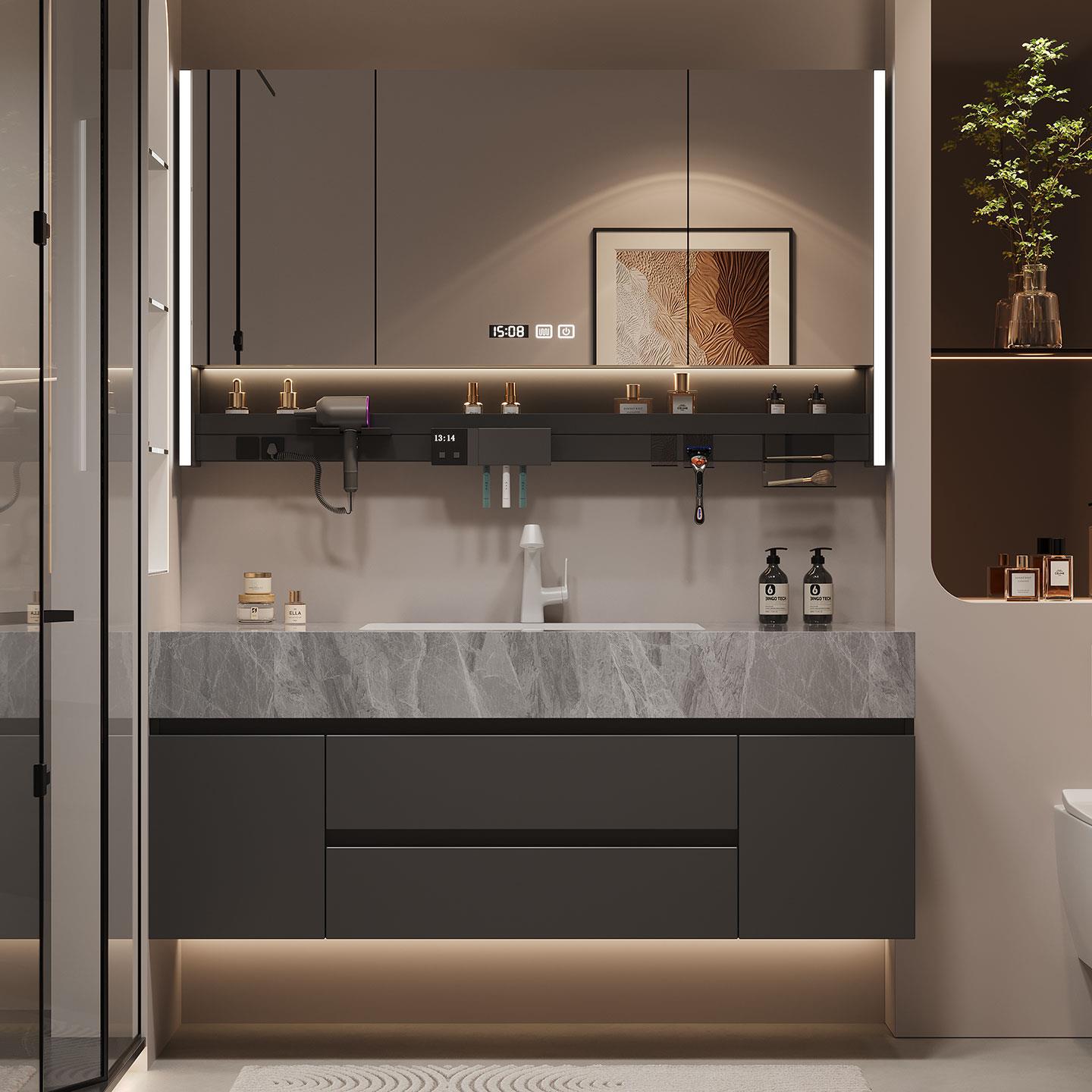 2025新款智能浴室柜组合化妆室洗手洗脸岩板无缝一体陶瓷盆洗漱台