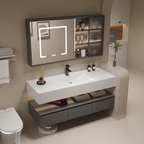 酒店风岩板陶瓷无缝一体盆智能浴室柜组合洗手洗脸化妆室洗漱台池