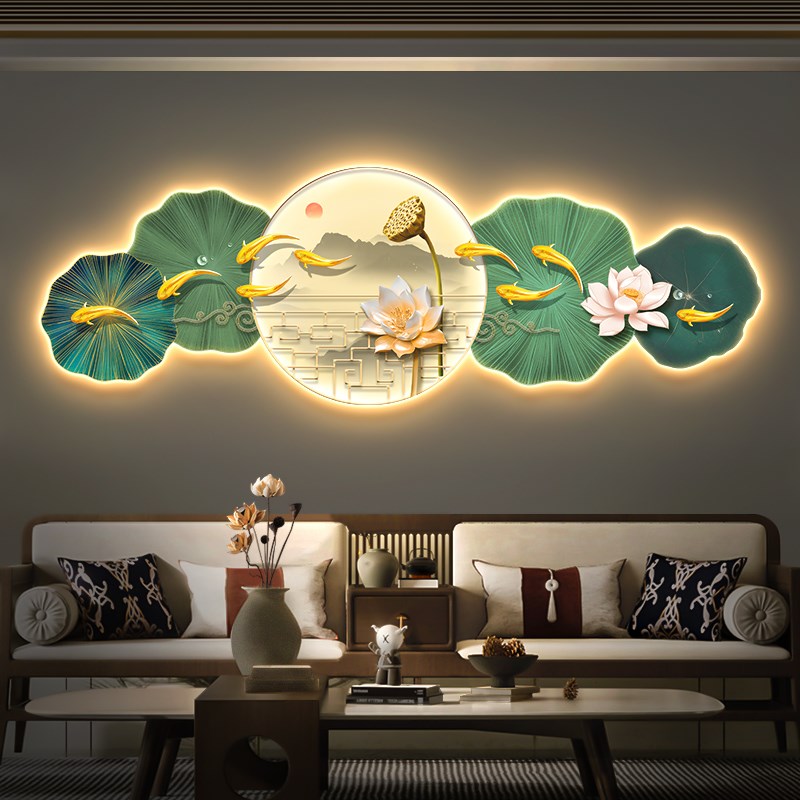 现代荷花九鱼客厅装饰画沙u发背景墙挂画轻奢带灯餐厅书房禅意壁图片