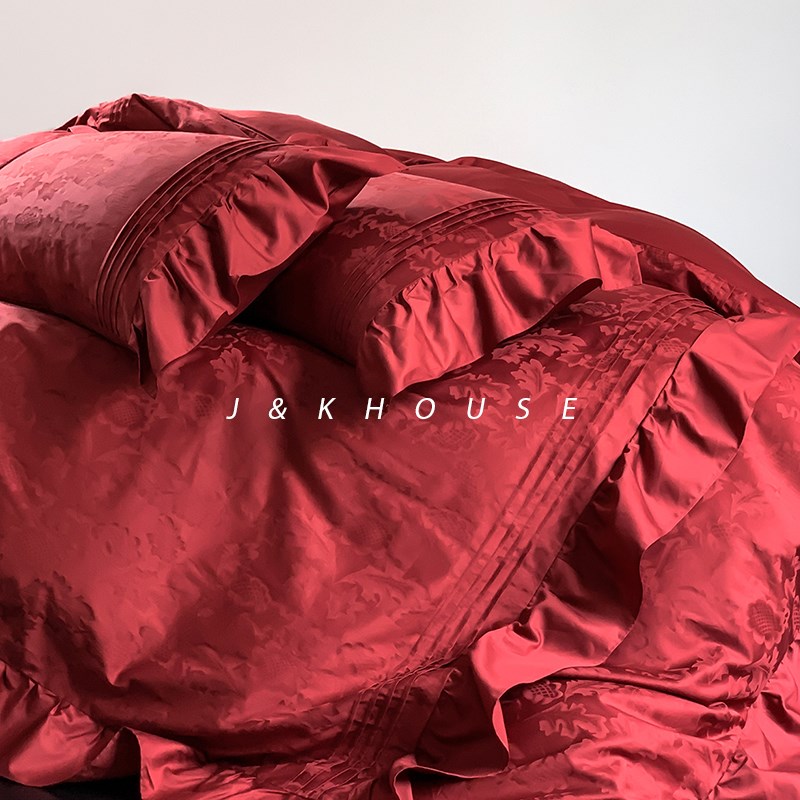 Luxury轻奢感贡缎四件套红色结婚床上用品婚庆婚嫁新婚床单