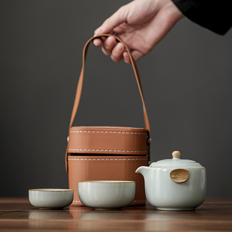 汝窑旅行茶具套装快客杯车载便携户外随身米黄开片泡茶壶陶瓷商务