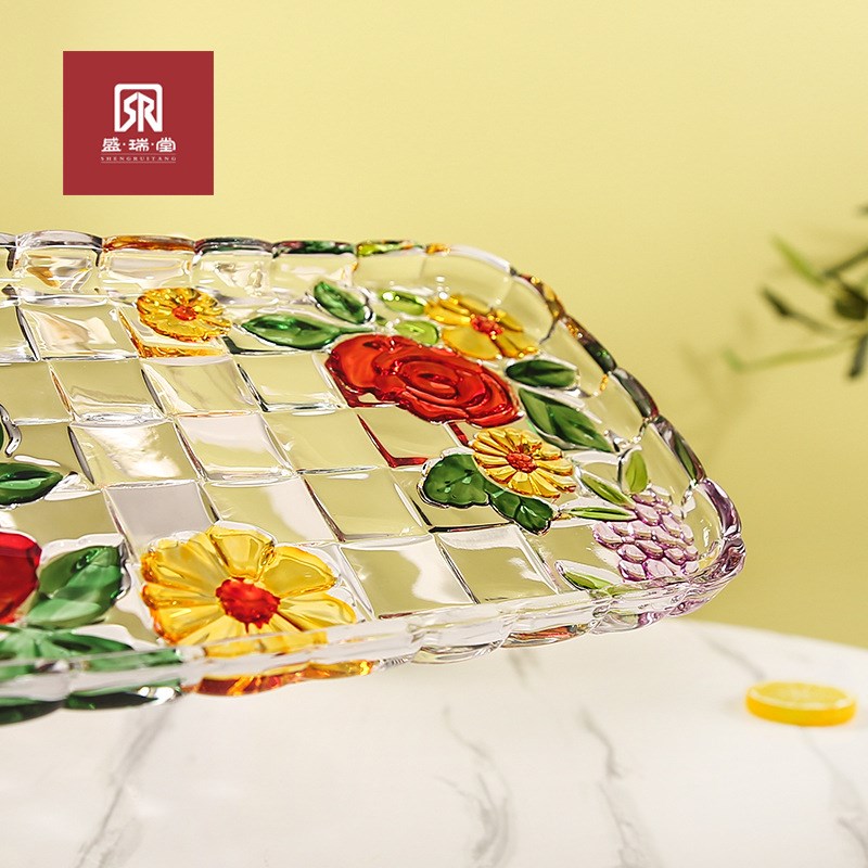【盛瑞堂】手绘彩色玻璃艺术长方形茶盘玻璃水果盘