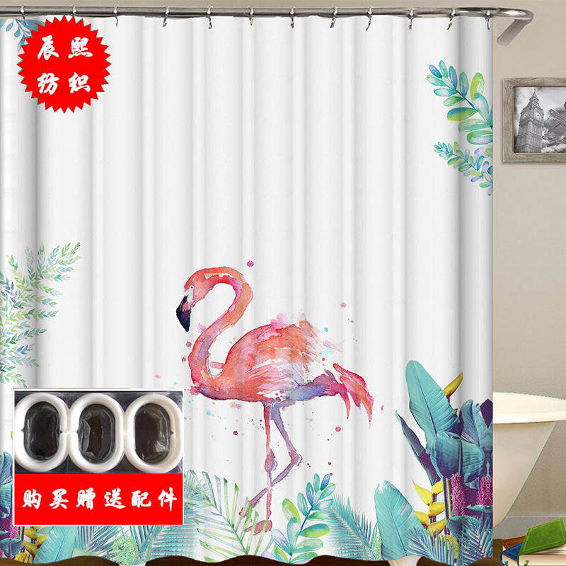 窗帘涤纶布 火烈鸟数码印花浴帘 多功能防水防霉卫生间浴帘