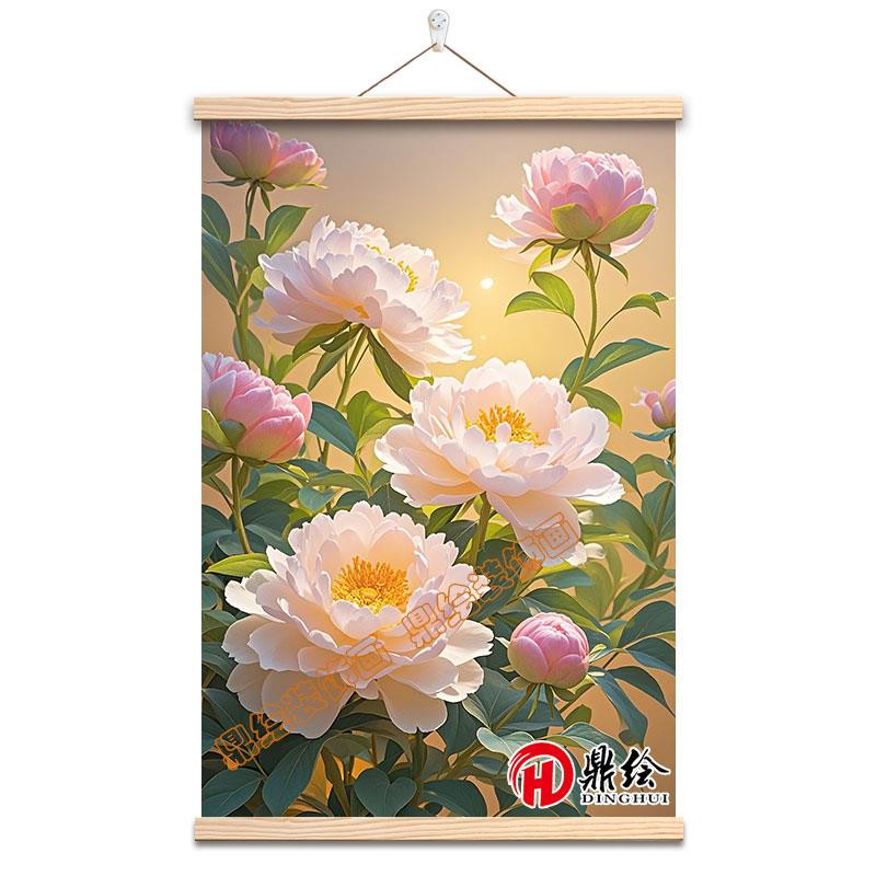 新富贵牡丹花挂画新中式玄关餐厅挂轴画客厅装饰画高级感布艺壁画图片