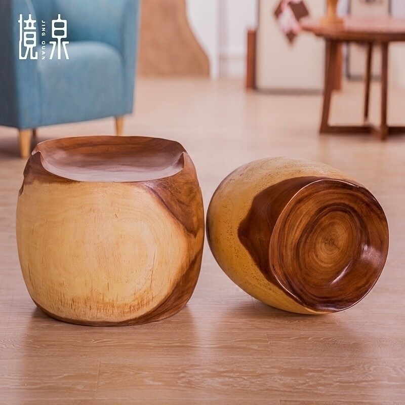 境泉 东南亚家具创意圆墩矮凳 实木木墩茶室茶几鼓凳