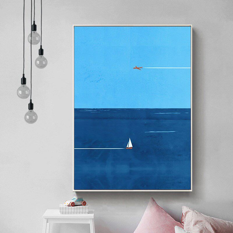 蓝色大海孤舟现代玄关装饰画竖挂画沙发背景墙落地画纯手绘油画
