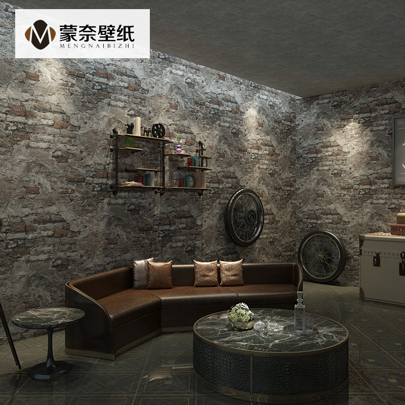 仿古砖砖块砖头仿砖复古水泥灰色砖纹墙纸仿古工业风饭店壁纸做旧