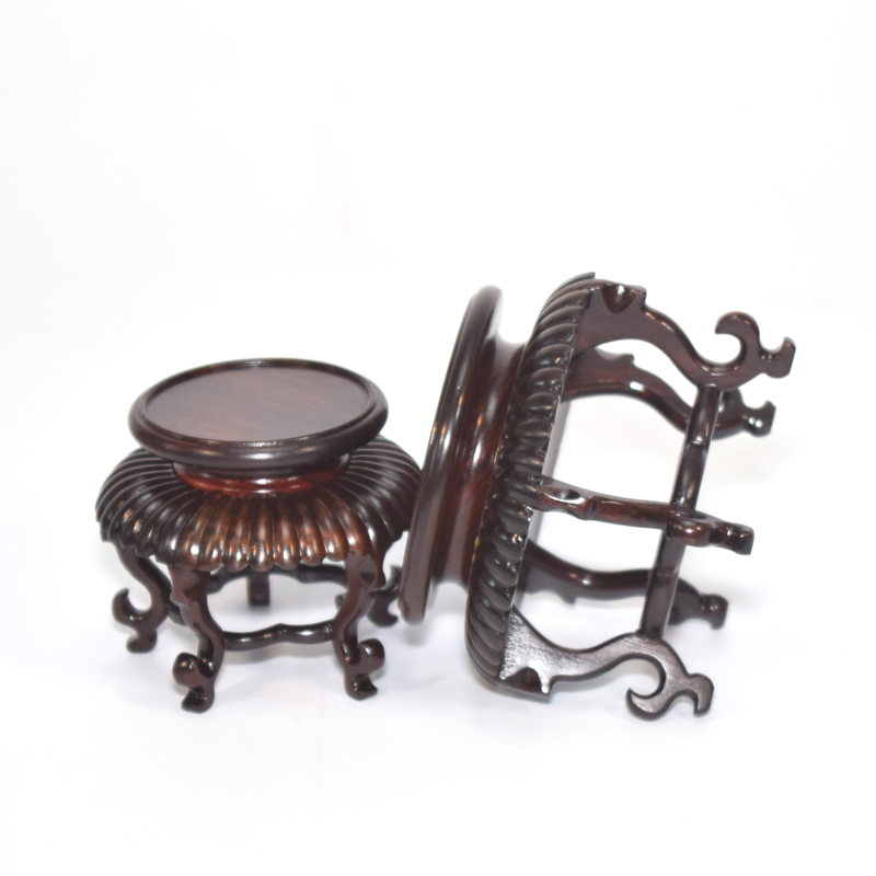 大红酸枝圆形雕花底座圆形花几花瓶玉器花瓶古董摆件微型盆景底座