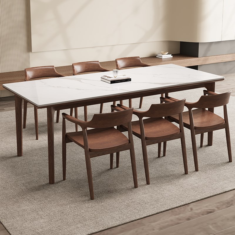 德利丰实木岩板餐桌全托家用奶油中古风高级感小户型长方形饭桌子