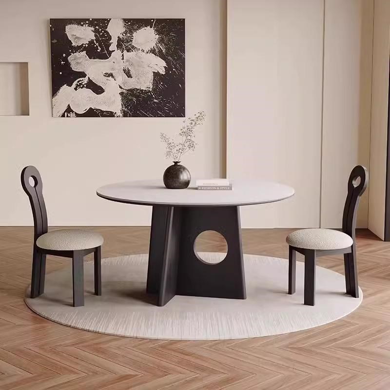 实木岩板圆餐桌轻法式复古风小户型家用高端圆形白蜡木餐桌椅