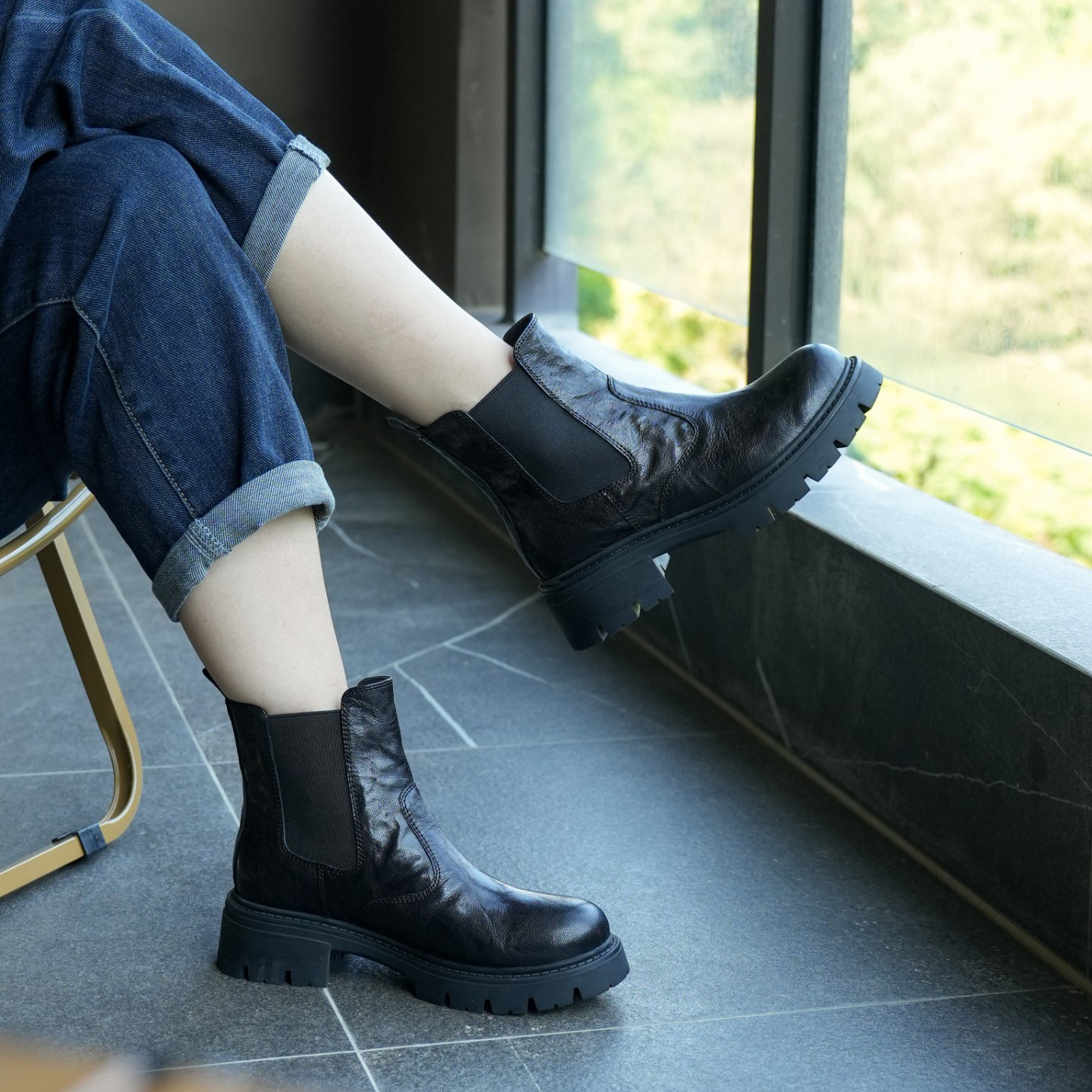 壹家小枕头039020油蜡羊皮切尔西靴5cm圆头平底短靴厚底通勤女靴