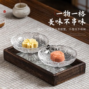 浮雕玻璃茶点盘客厅茶几家用高颜值干果糕点高脚精致小点心碟 中式