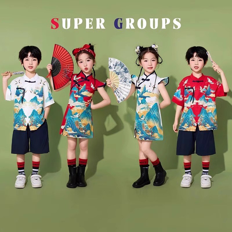 六一儿童幼儿园国潮汉服中式表演服装男童唐装女童旗袍诗歌唱朗诵