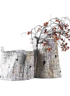 轻奢黑白抽象字体不规则陶瓷艺术花器花瓶摆件U样板间客厅装饰