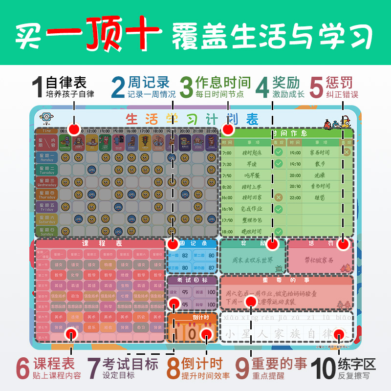 儿童成长自律计划表习惯养成学习时间小学生家用磁性奖励墙贴纸