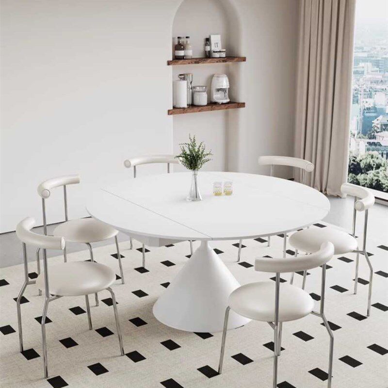 极简奶油风纯白色哑光岩板餐桌旋转伸缩家用餐桌椅方变圆两用,住宅家具,岩板餐桌,淘宝优惠券,粉丝福利购,淘宝优惠卷