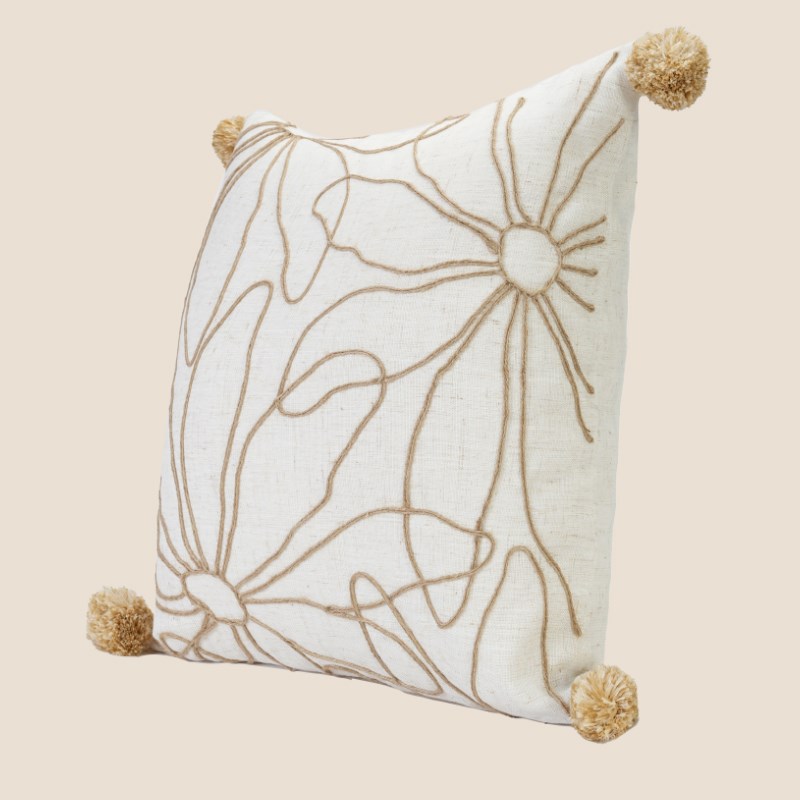 NEWC新宸优品 极简诧寂风抱枕客厅沙发名宿米色棉麻感绣花靠垫