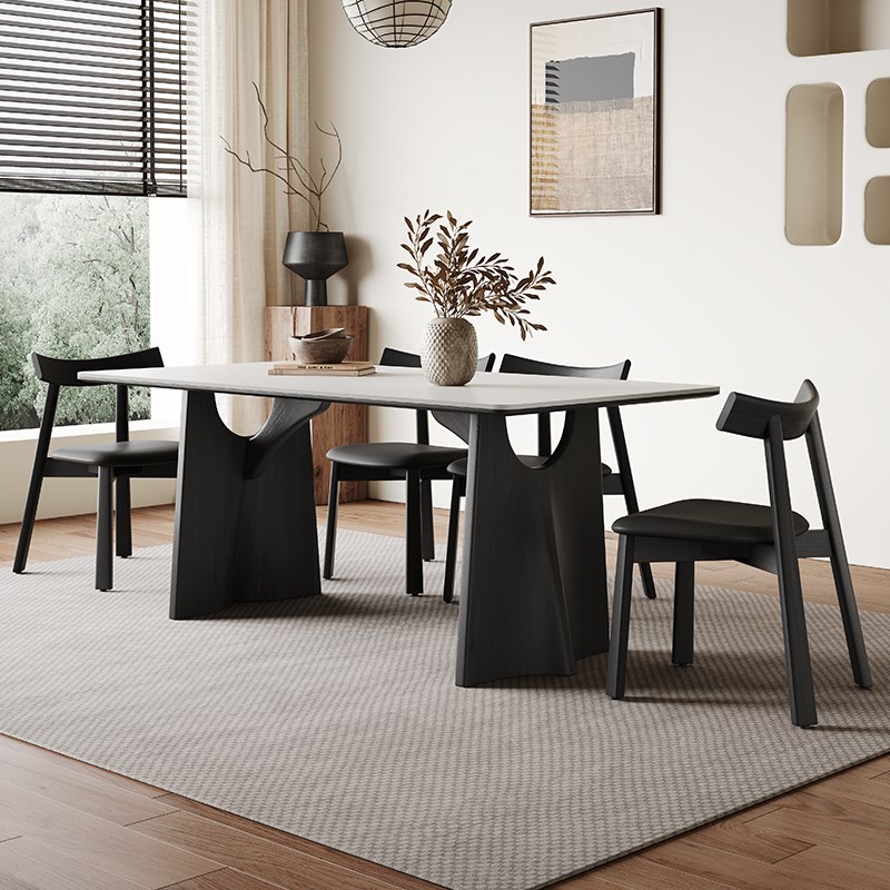 奥古斯特飞鸦复古黑色实木餐桌设计师款长方形哑光白岩板餐桌