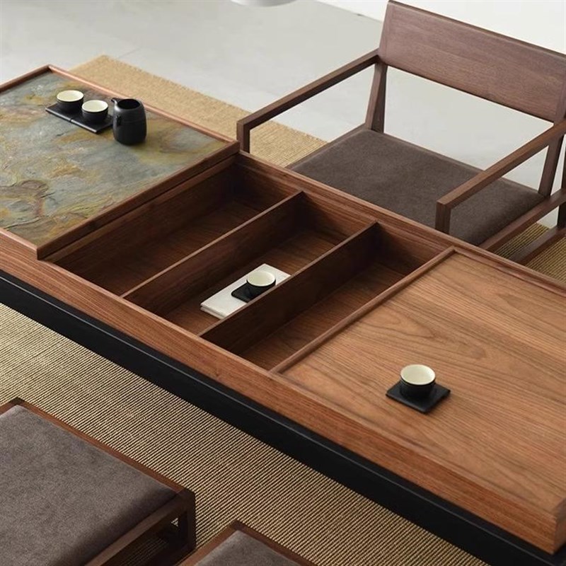 新中式乌金木榻榻米茶几阳台禅意茶台日式实木地台矮茶桌椅组合